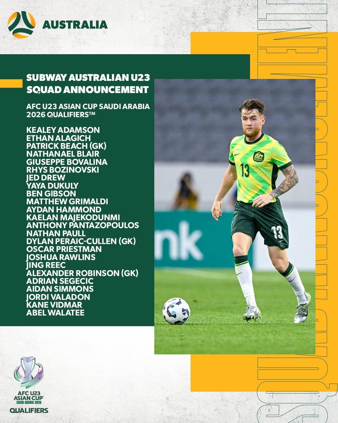 澳大利亚U23名单：5名海外球员入选，9月9日对阵中国U23